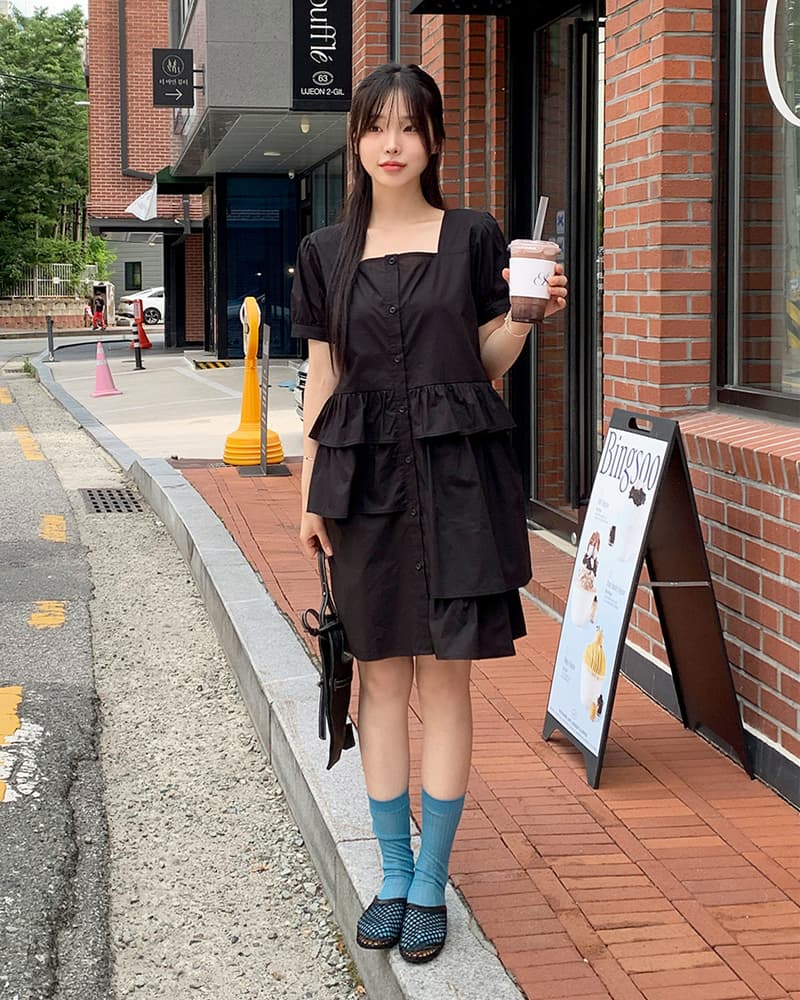 크기 있음 업데이트 한국 chic 작은 대중 라운드 넥 디자인 센스 불규칙 셔츠 드레스 이미지 4