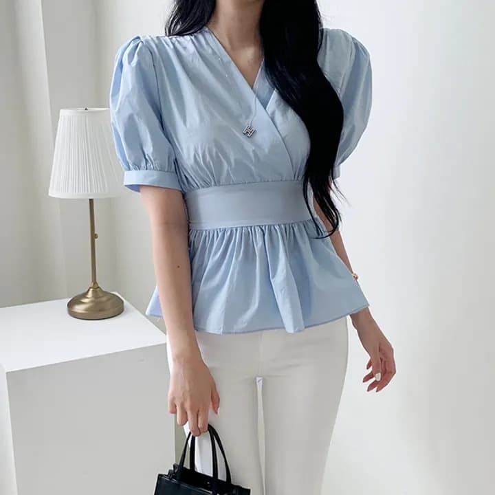 크기 있음 업데이트 한국 chic 프랑스식 V넥 거품 소매 허리 수축 슬림해 보이는 스트랩 맨위 이미지 3