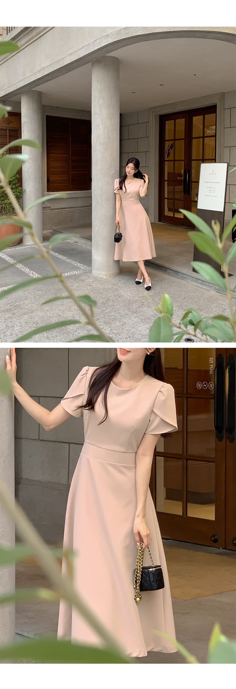 크기 있음 업데이트 한국 chic 부드러운 바람 라운드 넥 출퇴근 허리 수축 중간 길이 드레스 상세 이미지 9