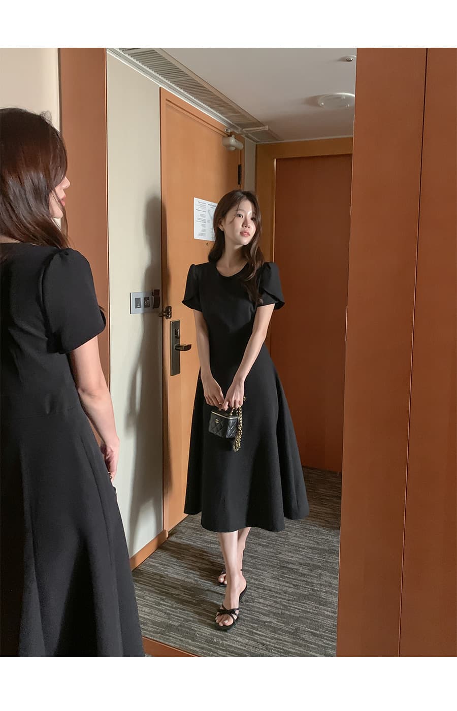 크기 있음 업데이트 한국 chic 부드러운 바람 라운드 넥 출퇴근 허리 수축 중간 길이 드레스 상세 이미지 24