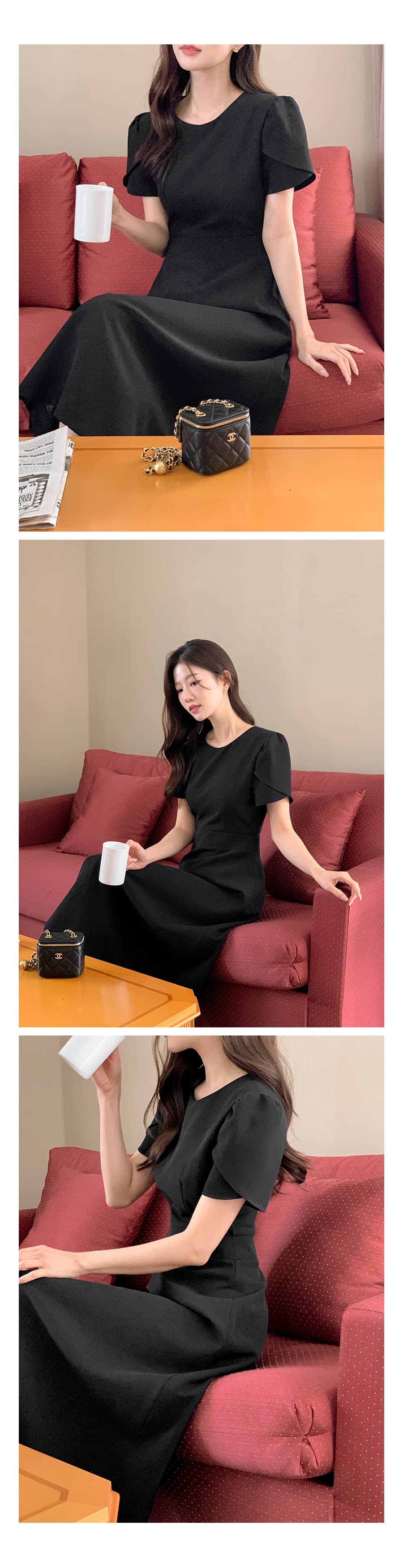 크기 있음 업데이트 한국 chic 부드러운 바람 라운드 넥 출퇴근 허리 수축 중간 길이 드레스 상세 이미지 28