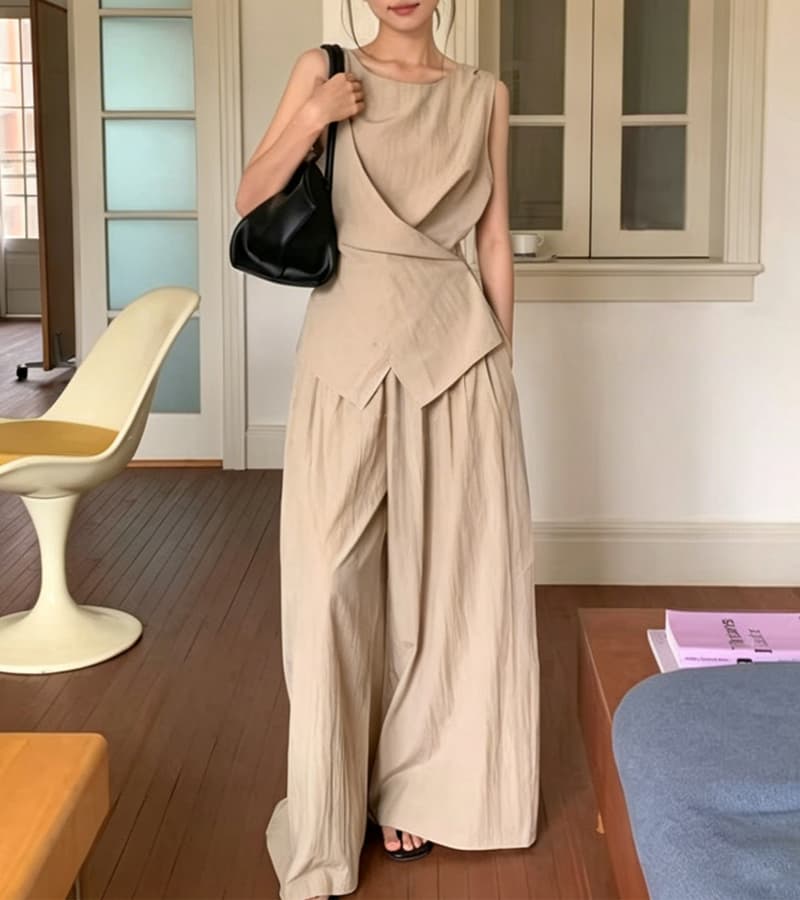 크기 있음 업데이트 한국 chic 느슨함 센스 민소매 불규칙 레이스업 맨위 넓은 다리 바닥 청소 바지