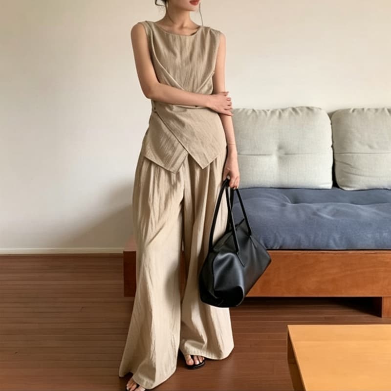 크기 있음 업데이트 한국 chic 느슨함 센스 민소매 불규칙 레이스업 맨위 넓은 다리 바닥 청소 바지 상세 이미지 6