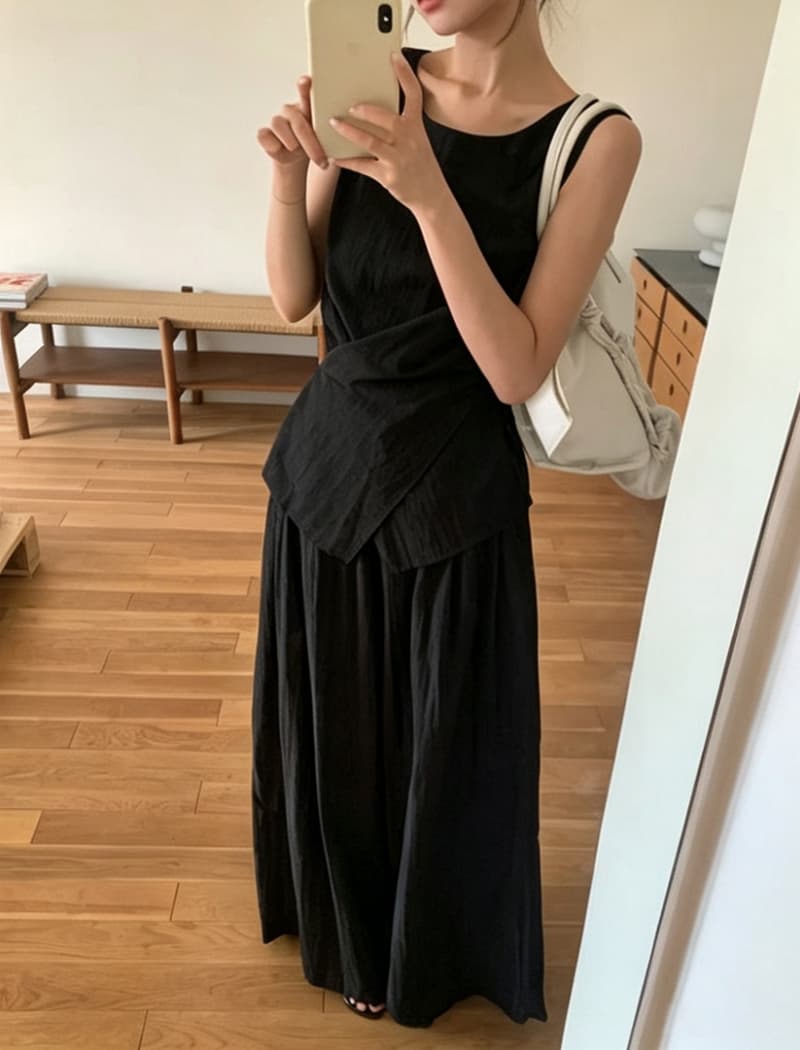 크기 있음 업데이트 한국 chic 느슨함 센스 민소매 불규칙 레이스업 맨위 넓은 다리 바닥 청소 바지 상세 이미지 16