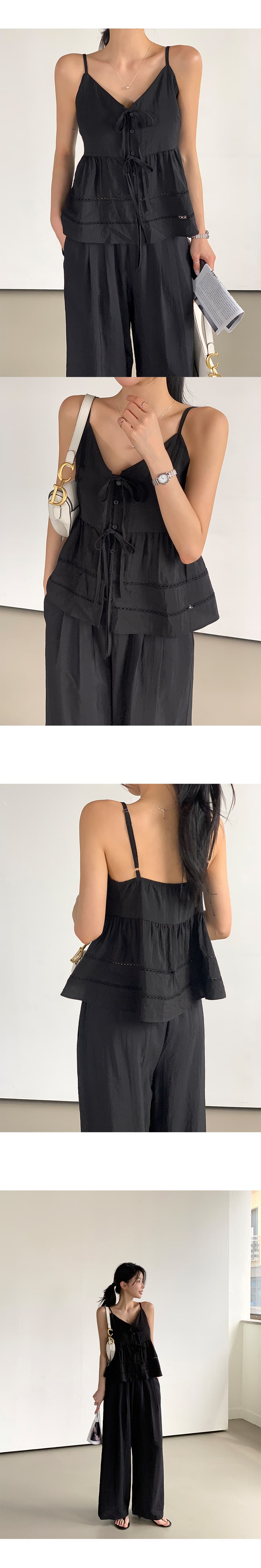 크기 있음 업데이트 한국 chic 프랑스식 검정색 레이스 패치워크 슬립 맨위 루즈핏 와이드 레그 팬츠 투피스 세트 상세 이미지 6