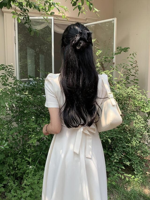 크기 있음 업데이트 한국 chic 프랑스식 광장 칼라 패치워크 망사 레이스업 허리 수축 슬림해 보이는 대 치마 드레스 상세 이미지 5