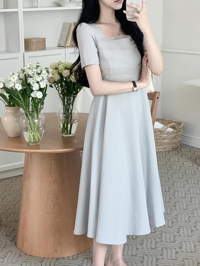 크기 있음 업데이트 한국 chic 프랑스식 광장 칼라 패치워크 망사 레이스업 허리 수축 슬림해 보이는 대 치마 드레스 상세 이미지 12