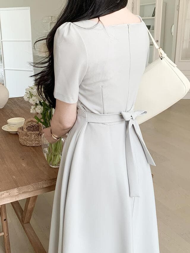 크기 있음 업데이트 한국 chic 프랑스식 광장 칼라 패치워크 망사 레이스업 허리 수축 슬림해 보이는 대 치마 드레스 상세 이미지 19