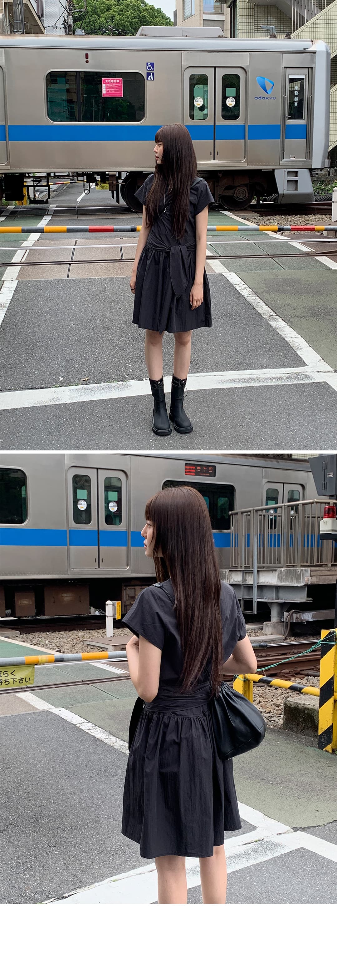 크기 있음 업데이트 한국 chic 여름 라운드 넥 레이스업 허리 수축 슬림해 보이는 드레스 상세 이미지 7