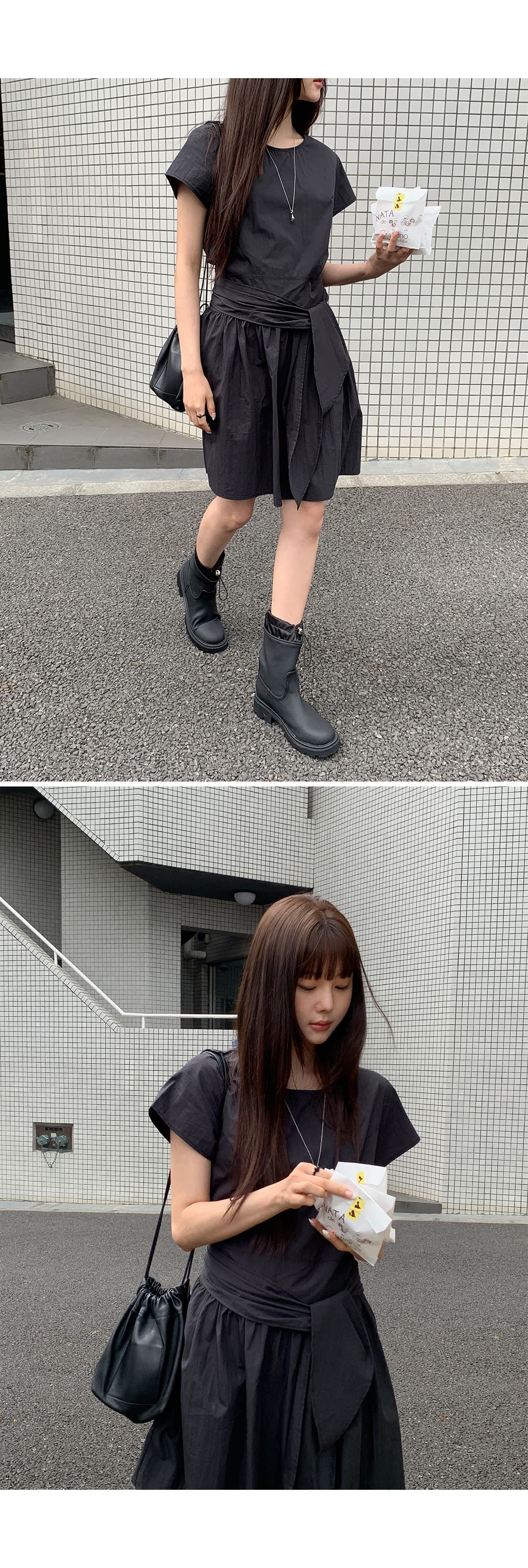 크기 있음 업데이트 한국 chic 여름 라운드 넥 레이스업 허리 수축 슬림해 보이는 드레스 상세 이미지 12