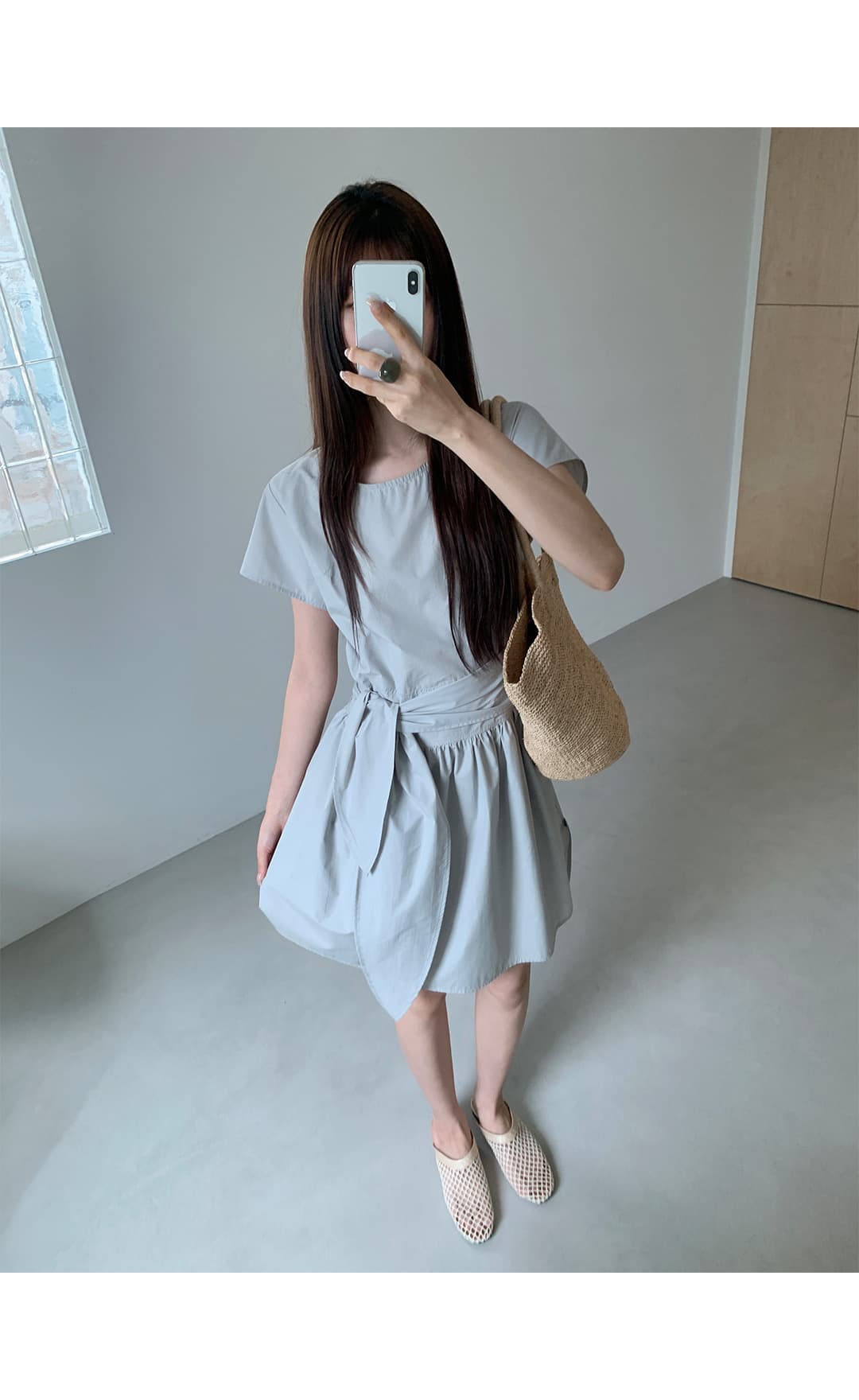 크기 있음 업데이트 한국 chic 여름 라운드 넥 레이스업 허리 수축 슬림해 보이는 드레스 상세 이미지 19