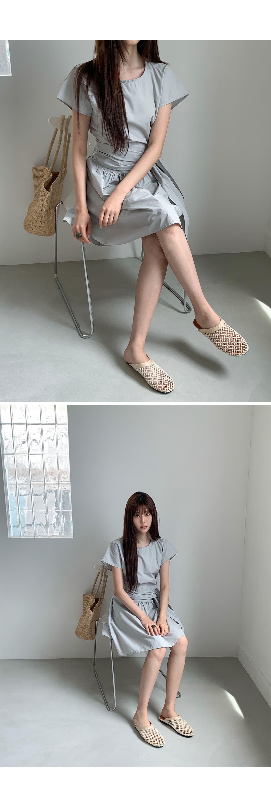 크기 있음 업데이트 한국 chic 여름 라운드 넥 레이스업 허리 수축 슬림해 보이는 드레스 상세 이미지 20