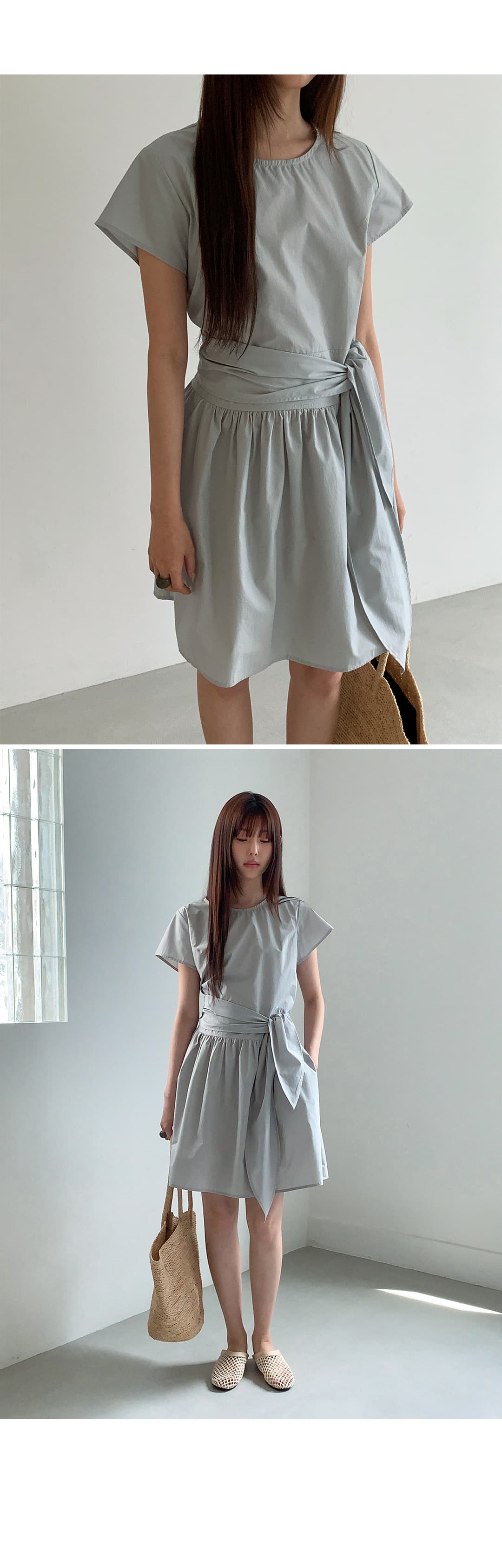 크기 있음 업데이트 한국 chic 여름 라운드 넥 레이스업 허리 수축 슬림해 보이는 드레스 상세 이미지 21