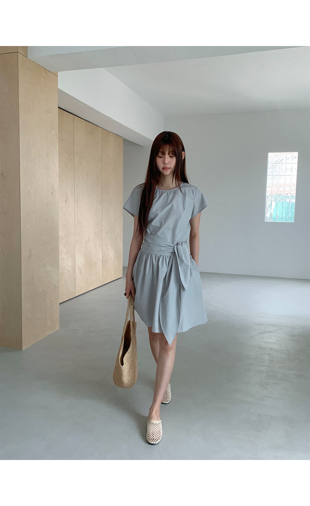 크기 있음 업데이트 한국 chic 여름 라운드 넥 레이스업 허리 수축 슬림해 보이는 드레스 상세 이미지 23