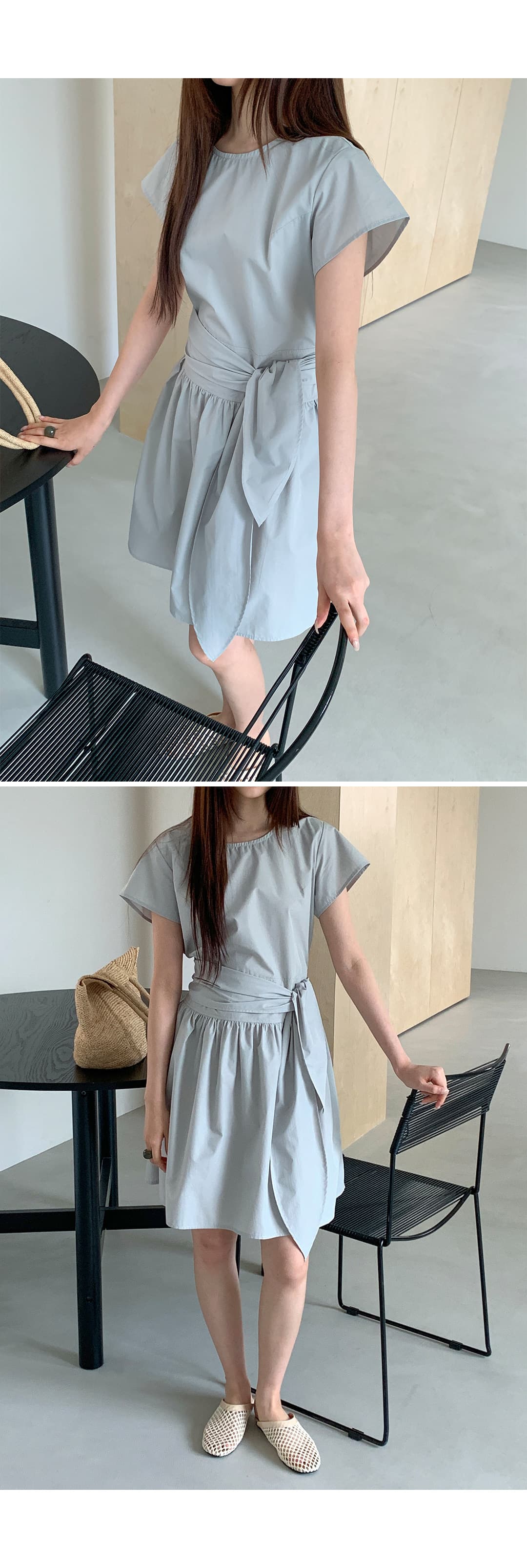 크기 있음 업데이트 한국 chic 여름 라운드 넥 레이스업 허리 수축 슬림해 보이는 드레스 상세 이미지 26
