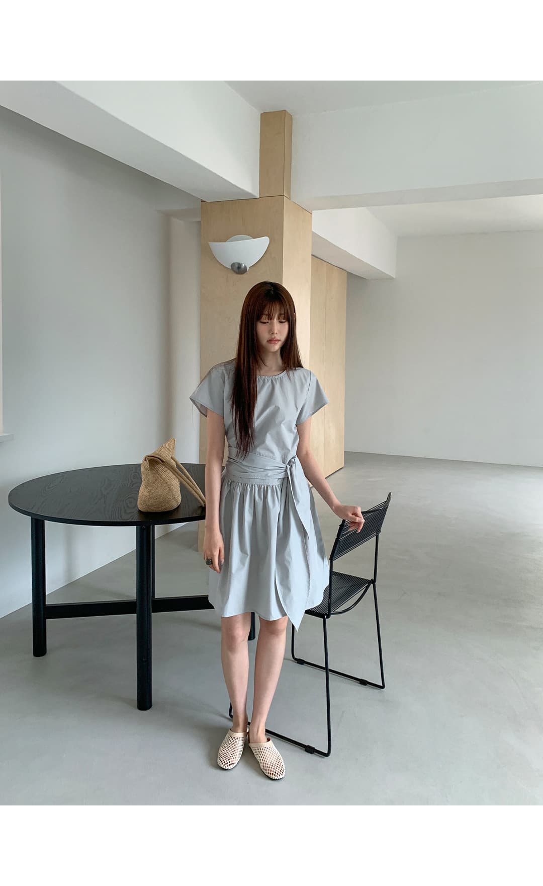 크기 있음 업데이트 한국 chic 여름 라운드 넥 레이스업 허리 수축 슬림해 보이는 드레스 상세 이미지 27