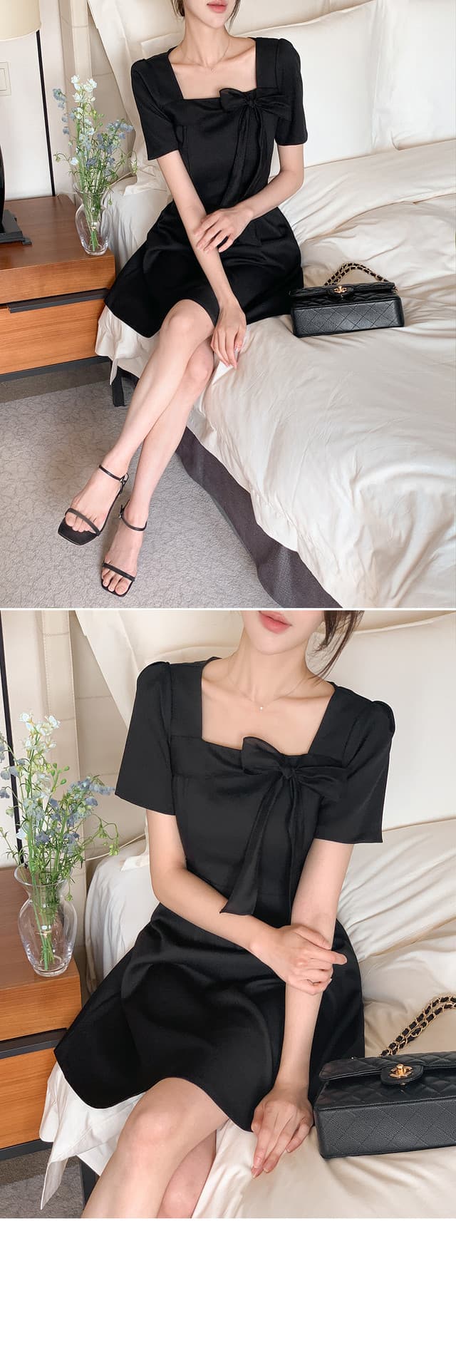 크기 있음 업데이트 한국 chic 프랑스식 부드러운 바람 광장 칼라 패치워크 레이스업 나비 매듭 드레스 상세 이미지 1