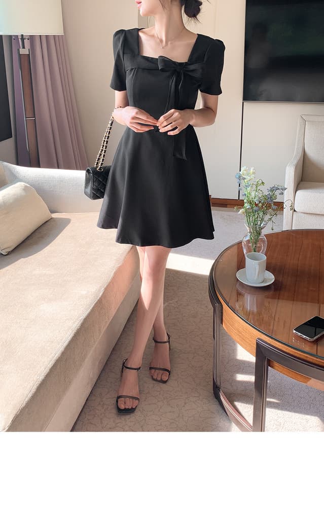 크기 있음 업데이트 한국 chic 프랑스식 부드러운 바람 광장 칼라 패치워크 레이스업 나비 매듭 드레스 상세 이미지 4