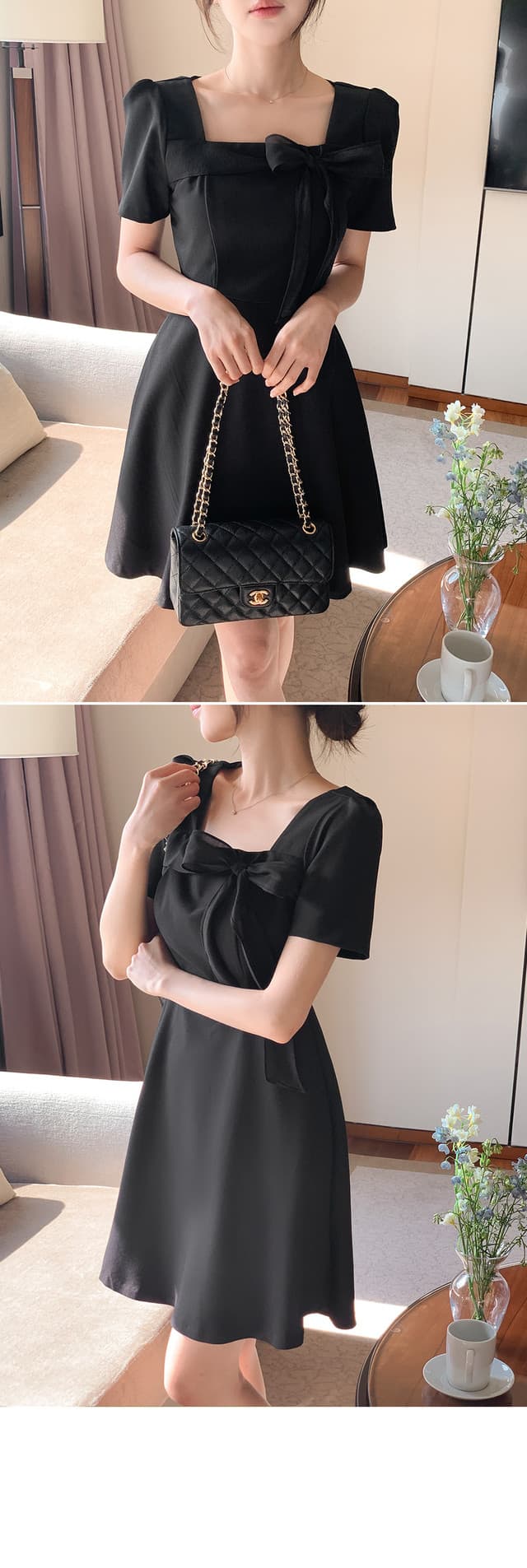 크기 있음 업데이트 한국 chic 프랑스식 부드러운 바람 광장 칼라 패치워크 레이스업 나비 매듭 드레스 상세 이미지 5