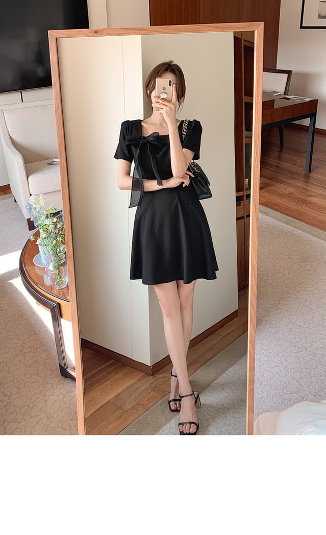 크기 있음 업데이트 한국 chic 프랑스식 부드러운 바람 광장 칼라 패치워크 레이스업 나비 매듭 드레스 상세 이미지 7