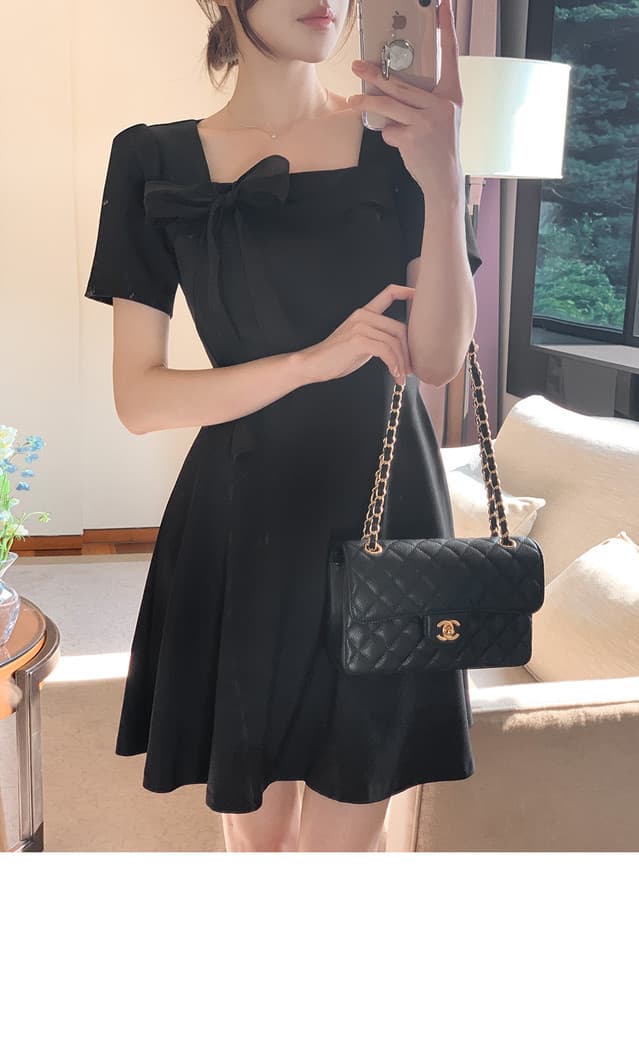 크기 있음 업데이트 한국 chic 프랑스식 부드러운 바람 광장 칼라 패치워크 레이스업 나비 매듭 드레스 상세 이미지 8