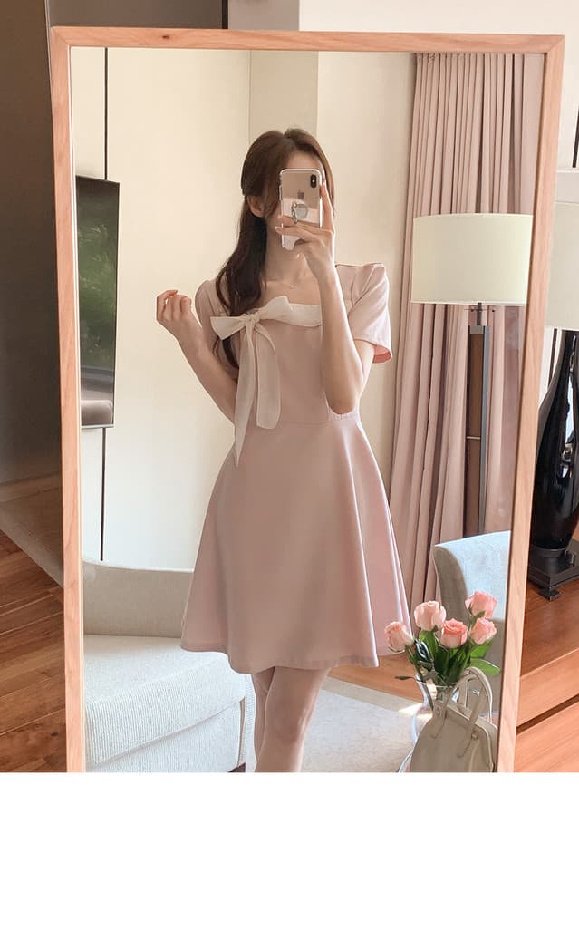 크기 있음 업데이트 한국 chic 프랑스식 부드러운 바람 광장 칼라 패치워크 레이스업 나비 매듭 드레스 상세 이미지 10