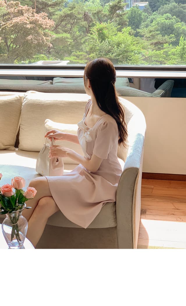 크기 있음 업데이트 한국 chic 프랑스식 부드러운 바람 광장 칼라 패치워크 레이스업 나비 매듭 드레스 상세 이미지 14