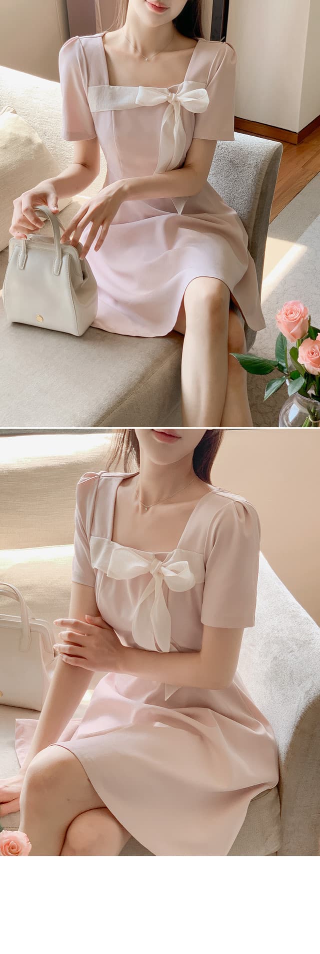 크기 있음 업데이트 한국 chic 프랑스식 부드러운 바람 광장 칼라 패치워크 레이스업 나비 매듭 드레스 상세 이미지 15