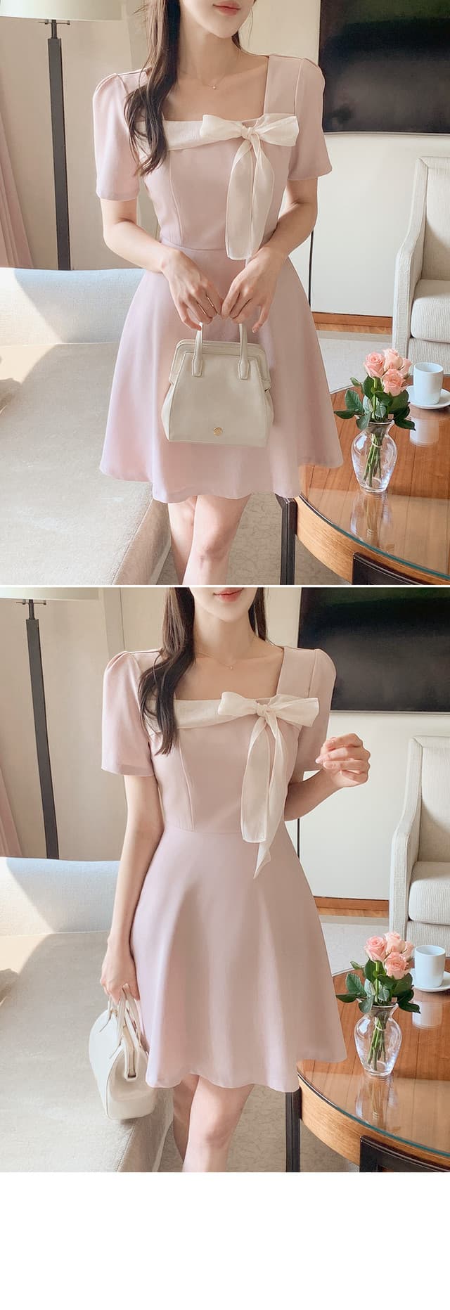 크기 있음 업데이트 한국 chic 프랑스식 부드러운 바람 광장 칼라 패치워크 레이스업 나비 매듭 드레스 상세 이미지 19