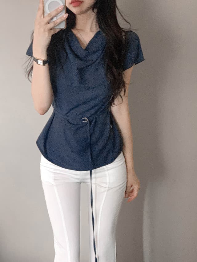 크기 있음 업데이트 한국 chic 프랑스식 숨기기 흔들다 칼라 디자인 품격 레이스업 슬림해 보이는 출퇴근 품격 V넥 맨위 상세 이미지 14