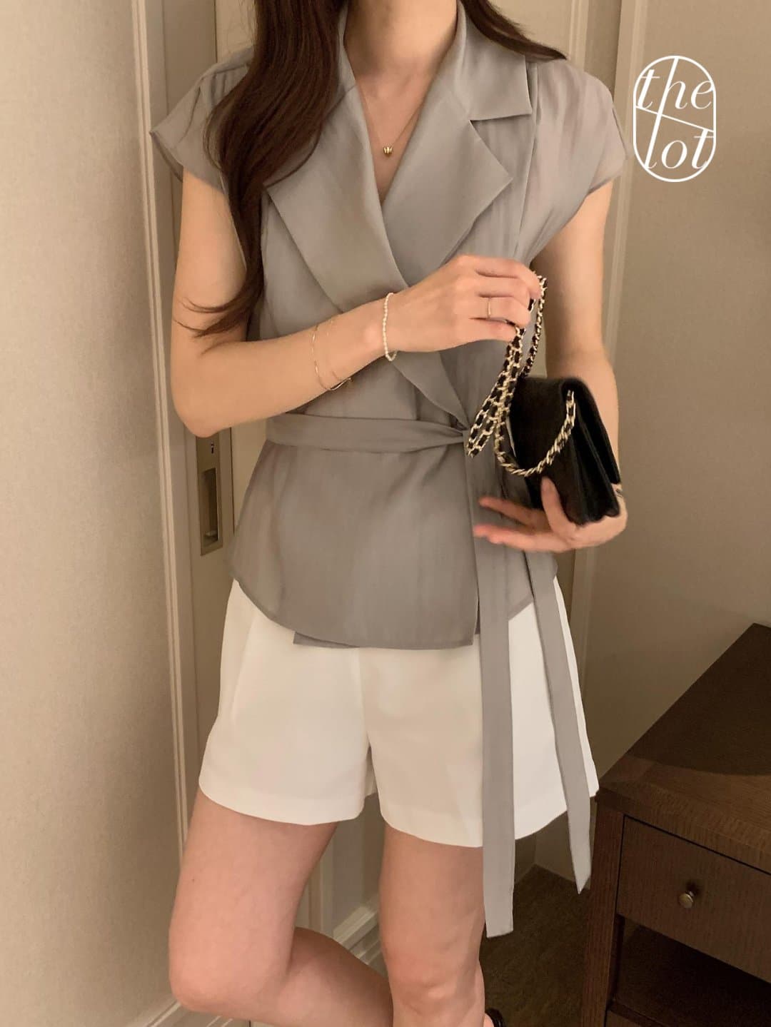 한국 chic 프랑스식 정장 폴로 칼라 Feifei 소매 허리 수축 레이스업 슬림해 보이는 출퇴근 재킷 맨위 이미지 2