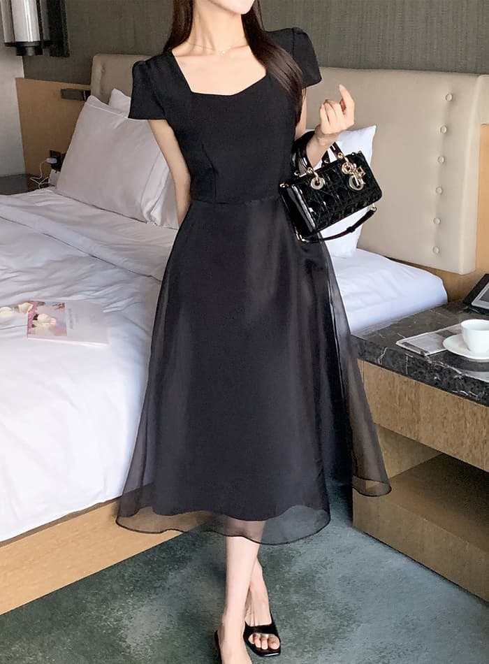 크기 있음 업데이트 한국 chic 프랑스식 부드러운 바람 광장 칼라 이중층 치마 디자인 품격 드레스 이미지 2