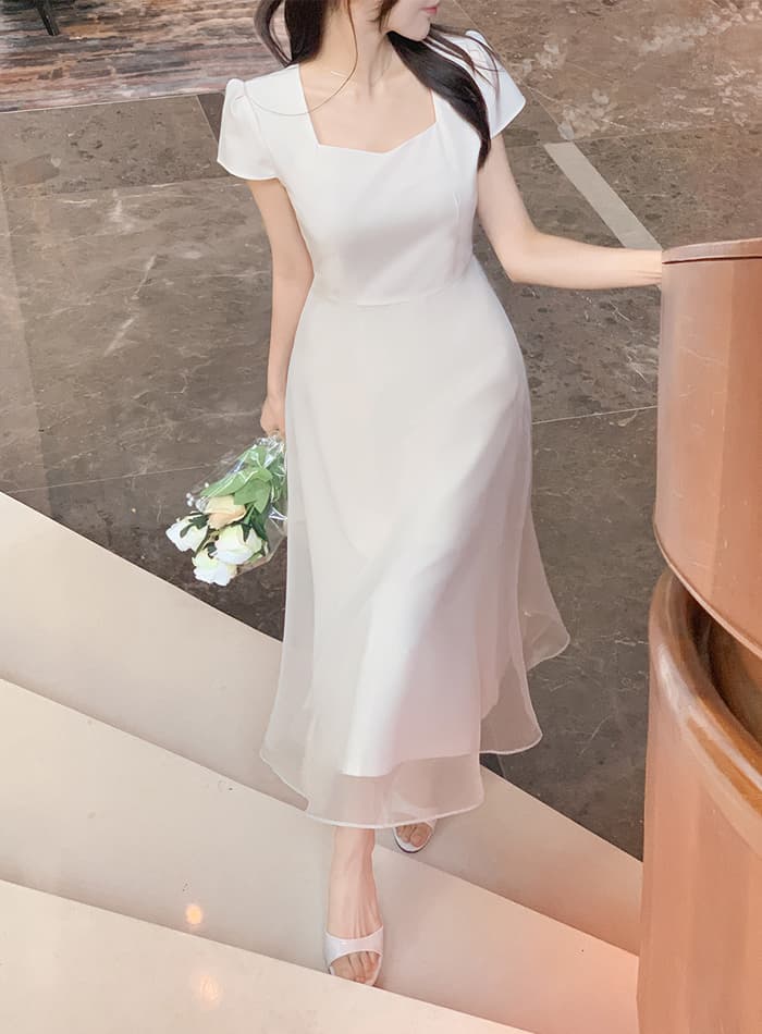 크기 있음 업데이트 한국 chic 프랑스식 부드러운 바람 광장 칼라 이중층 치마 디자인 품격 드레스 이미지 3