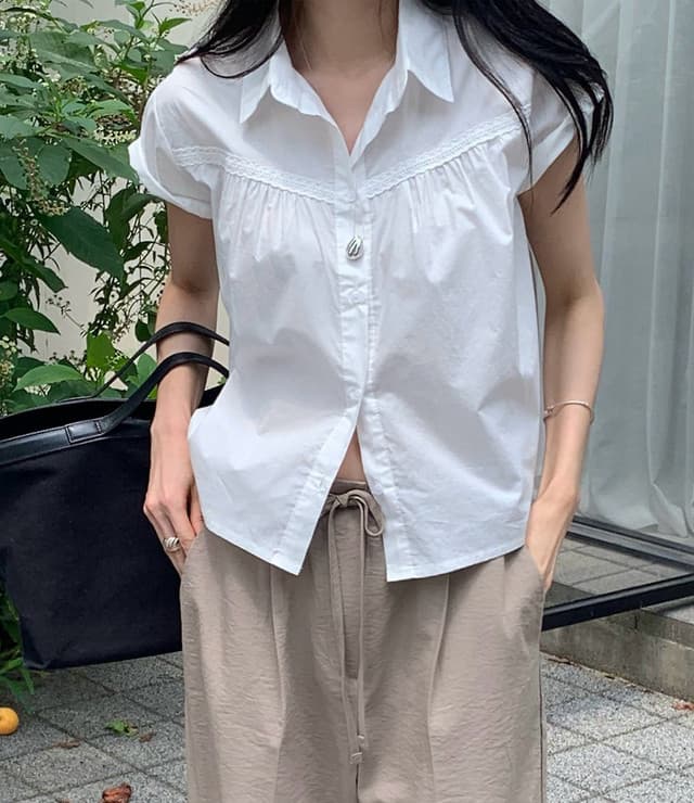 한국 chic 출퇴근 폴로 칼라 레이스 패치워크 화이트 루즈핏 맨위 셔츠 이미지 2