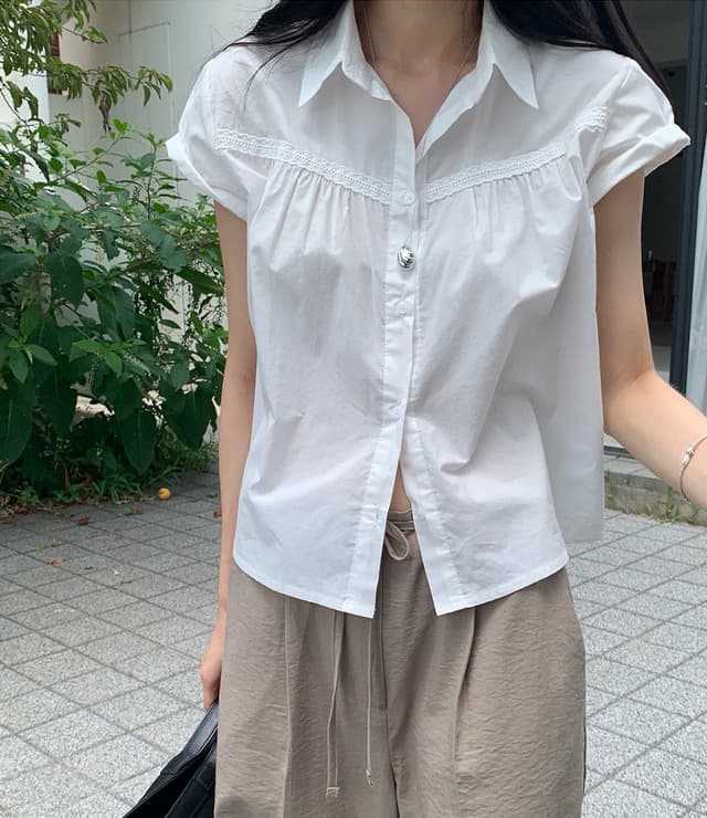 한국 chic 출퇴근 폴로 칼라 레이스 패치워크 화이트 루즈핏 맨위 셔츠