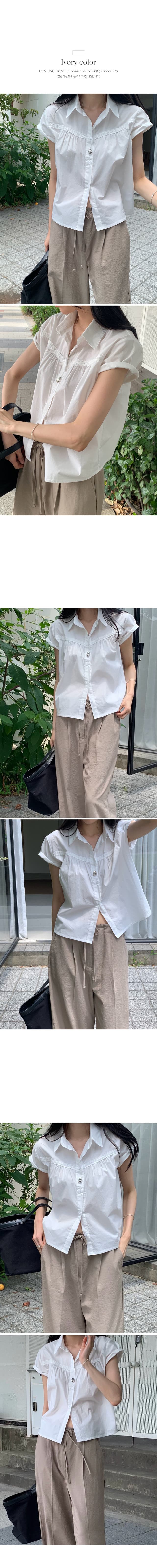 한국 chic 출퇴근 폴로 칼라 레이스 패치워크 화이트 루즈핏 맨위 셔츠 상세 이미지 1