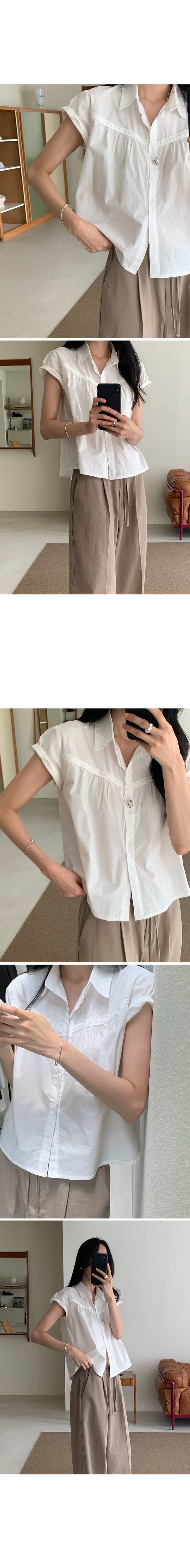 한국 chic 출퇴근 폴로 칼라 레이스 패치워크 화이트 루즈핏 맨위 셔츠 상세 이미지 2
