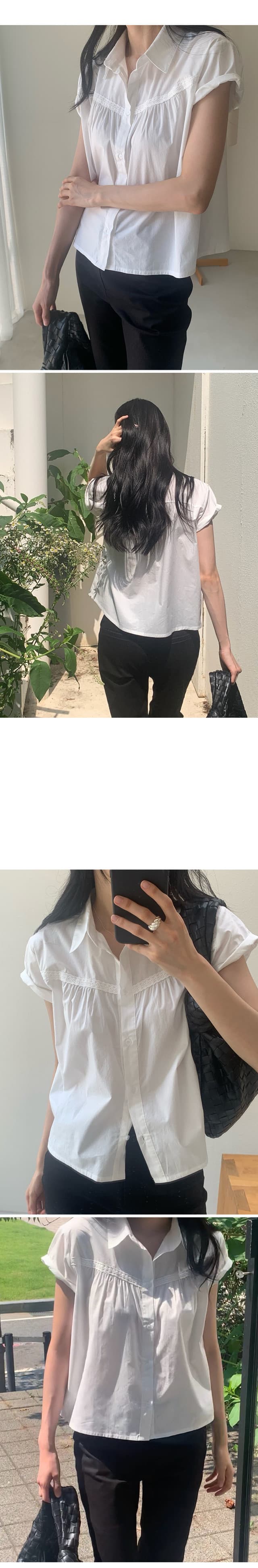 한국 chic 출퇴근 폴로 칼라 레이스 패치워크 화이트 루즈핏 맨위 셔츠 상세 이미지 3