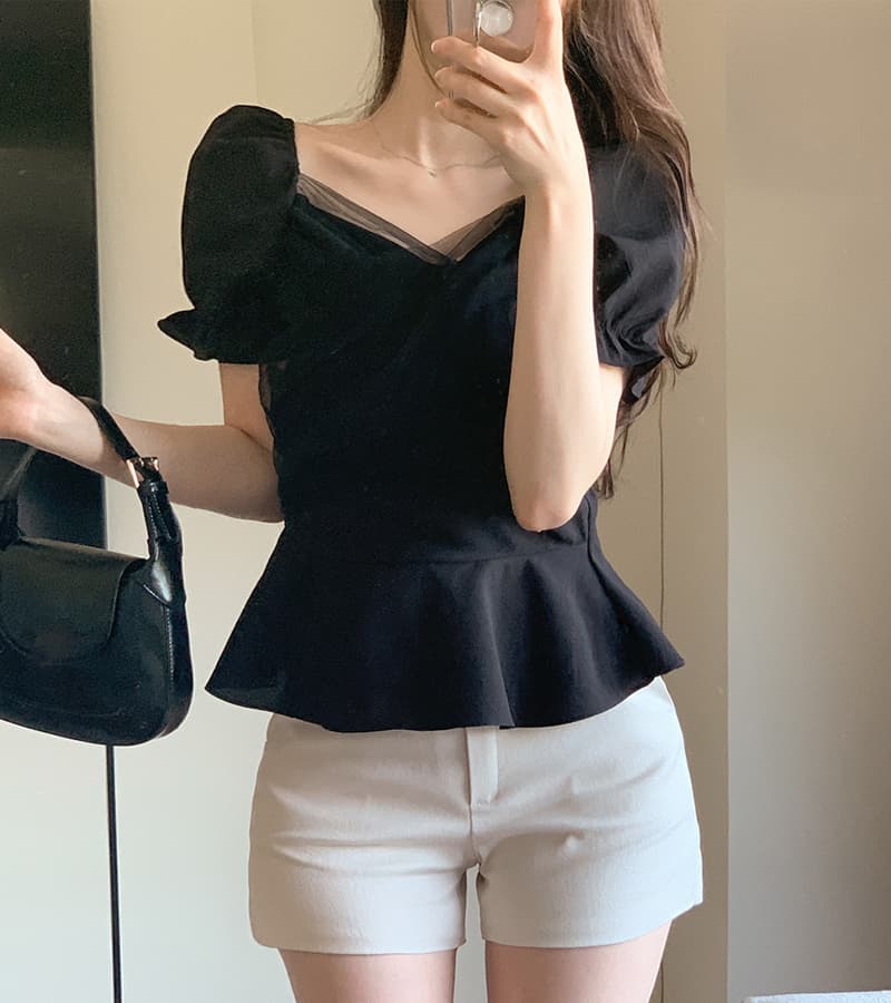 크기 있음 업데이트 한국 chic 프랑스식 망사 패치워크 오프숄더 십자가 프릴 거품 소매 맨위 이미지 3