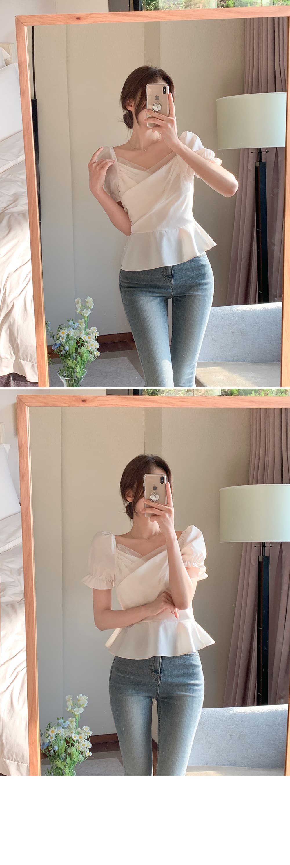 크기 있음 업데이트 한국 chic 프랑스식 망사 패치워크 오프숄더 십자가 프릴 거품 소매 맨위 상세 이미지 1