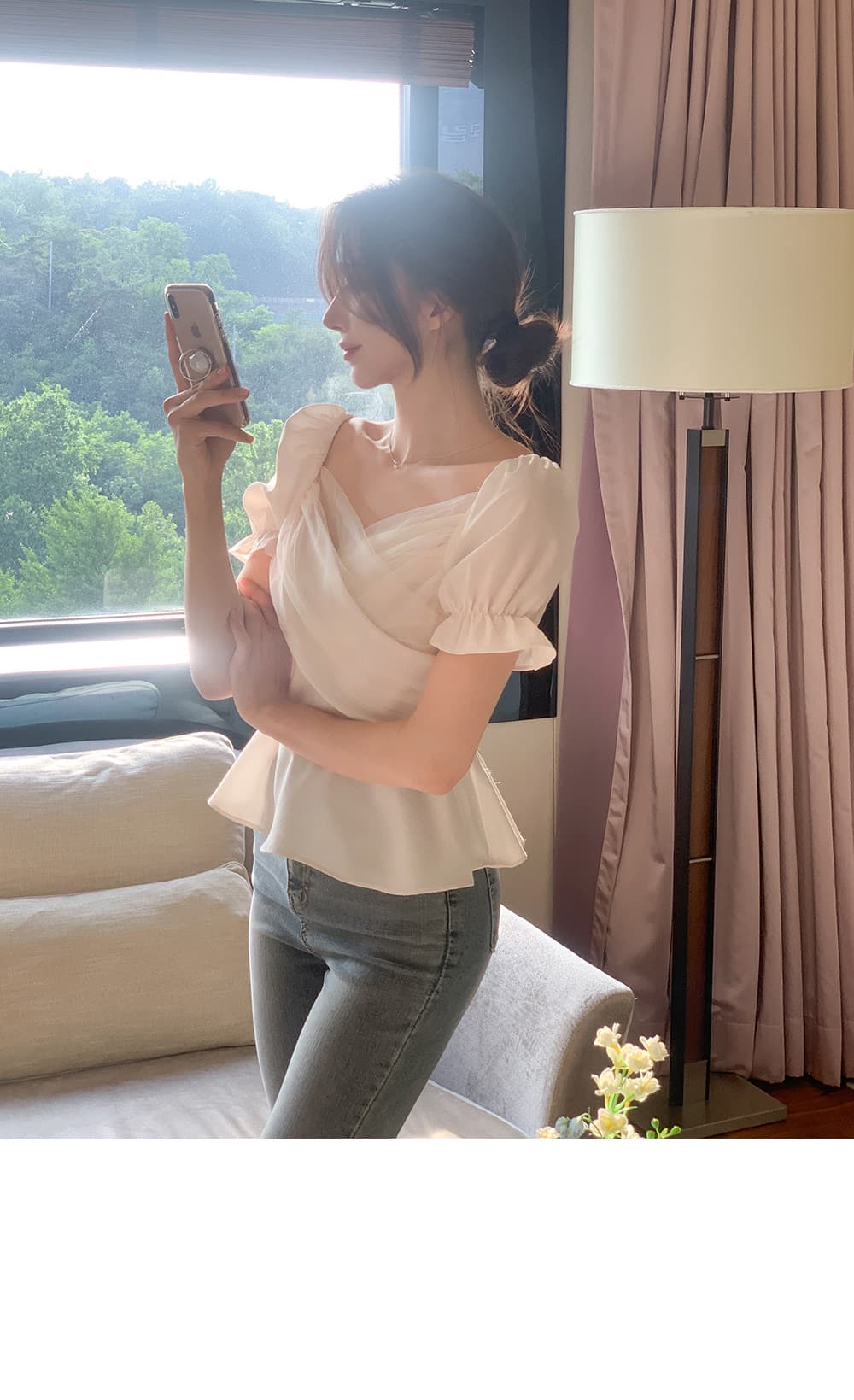 크기 있음 업데이트 한국 chic 프랑스식 망사 패치워크 오프숄더 십자가 프릴 거품 소매 맨위 상세 이미지 4