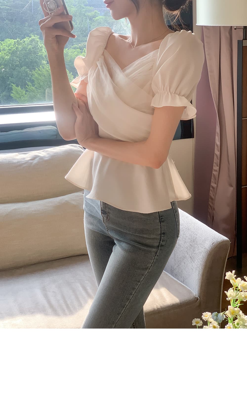 크기 있음 업데이트 한국 chic 프랑스식 망사 패치워크 오프숄더 십자가 프릴 거품 소매 맨위 상세 이미지 5