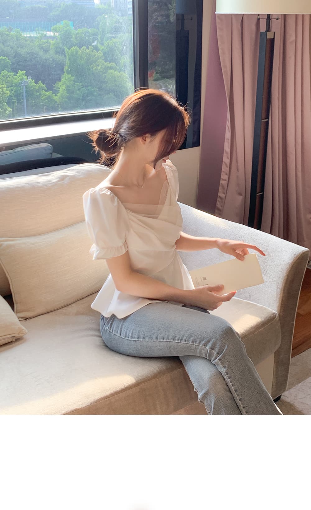 크기 있음 업데이트 한국 chic 프랑스식 망사 패치워크 오프숄더 십자가 프릴 거품 소매 맨위 상세 이미지 8
