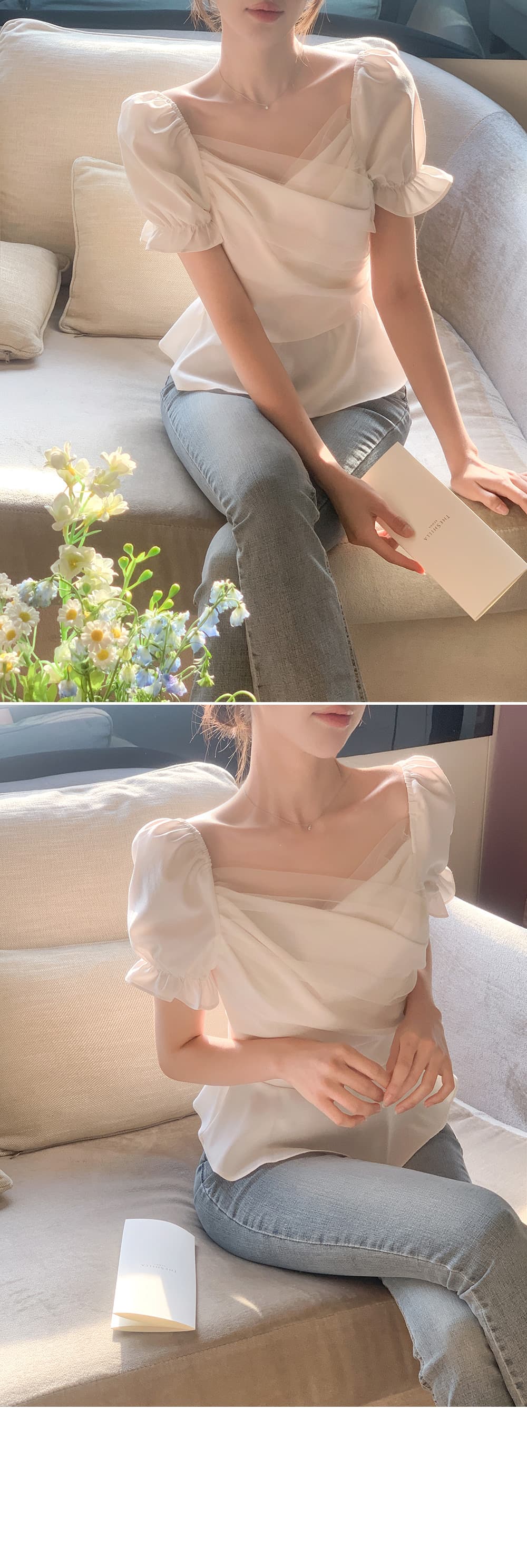 크기 있음 업데이트 한국 chic 프랑스식 망사 패치워크 오프숄더 십자가 프릴 거품 소매 맨위 상세 이미지 11
