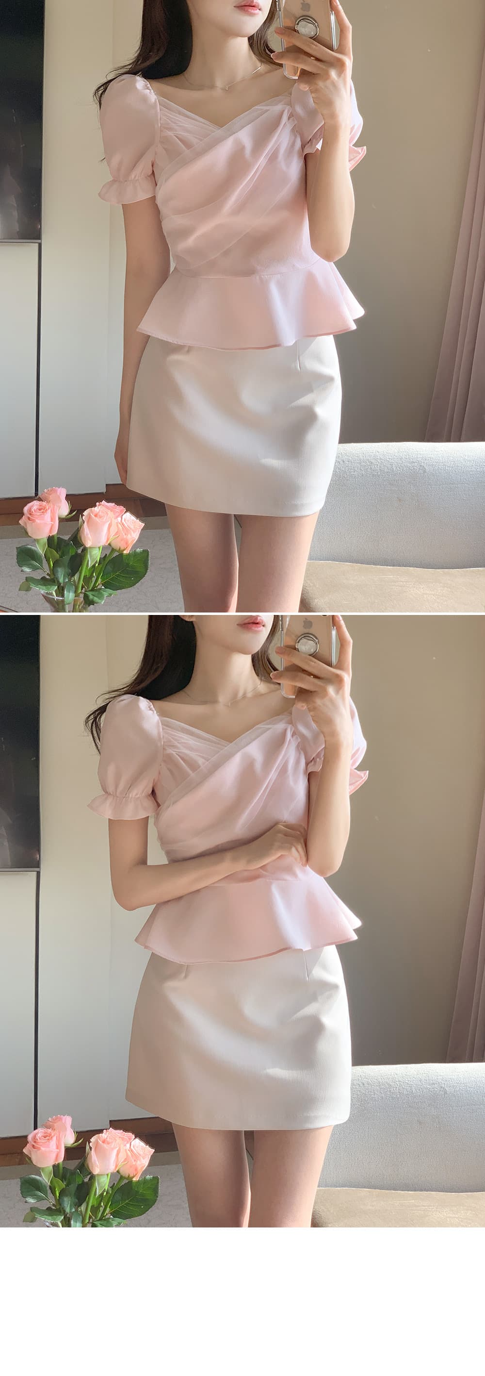 크기 있음 업데이트 한국 chic 프랑스식 망사 패치워크 오프숄더 십자가 프릴 거품 소매 맨위 상세 이미지 14