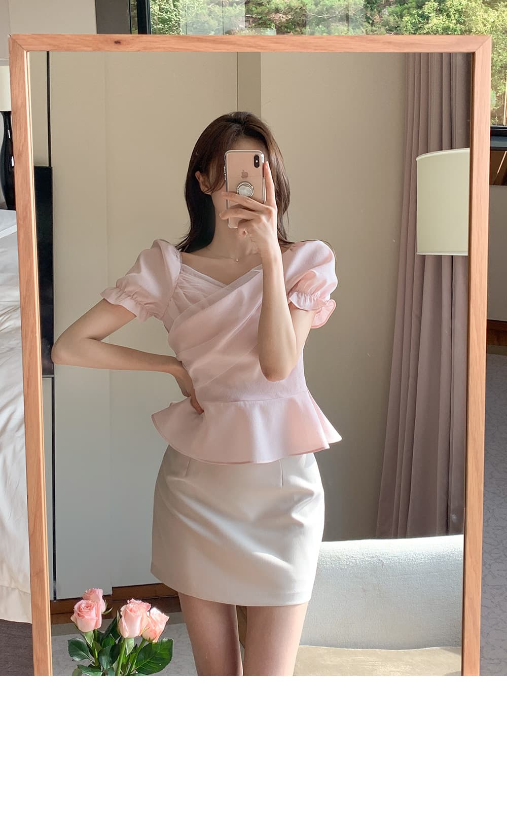 크기 있음 업데이트 한국 chic 프랑스식 망사 패치워크 오프숄더 십자가 프릴 거품 소매 맨위 상세 이미지 15