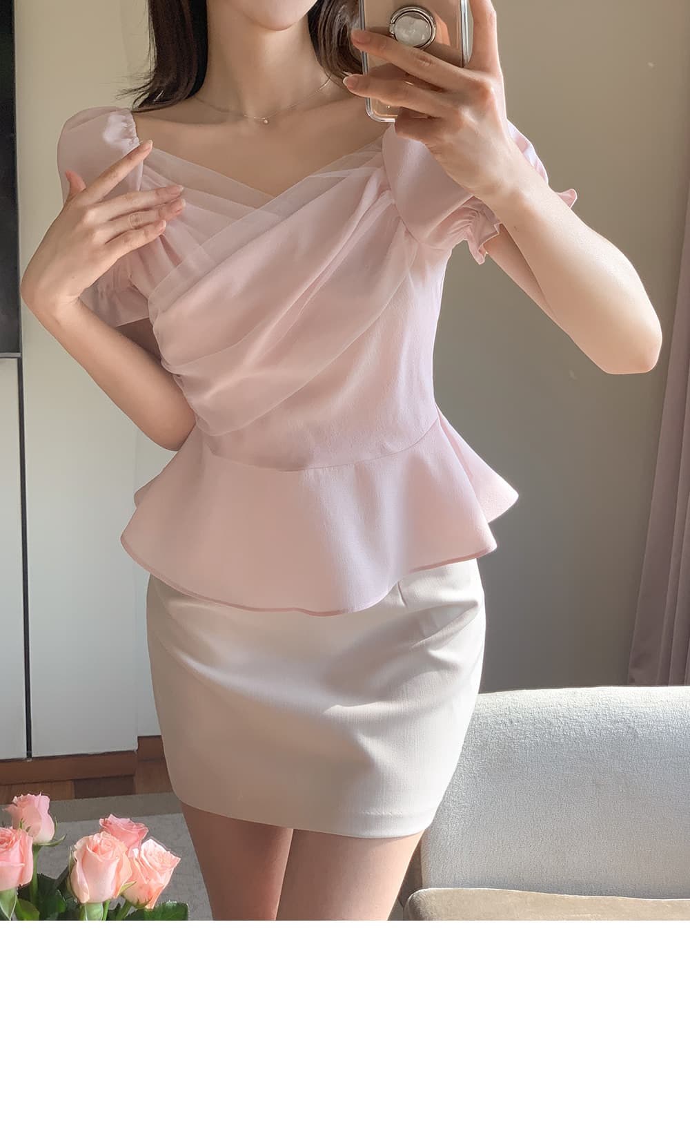 크기 있음 업데이트 한국 chic 프랑스식 망사 패치워크 오프숄더 십자가 프릴 거품 소매 맨위 상세 이미지 16