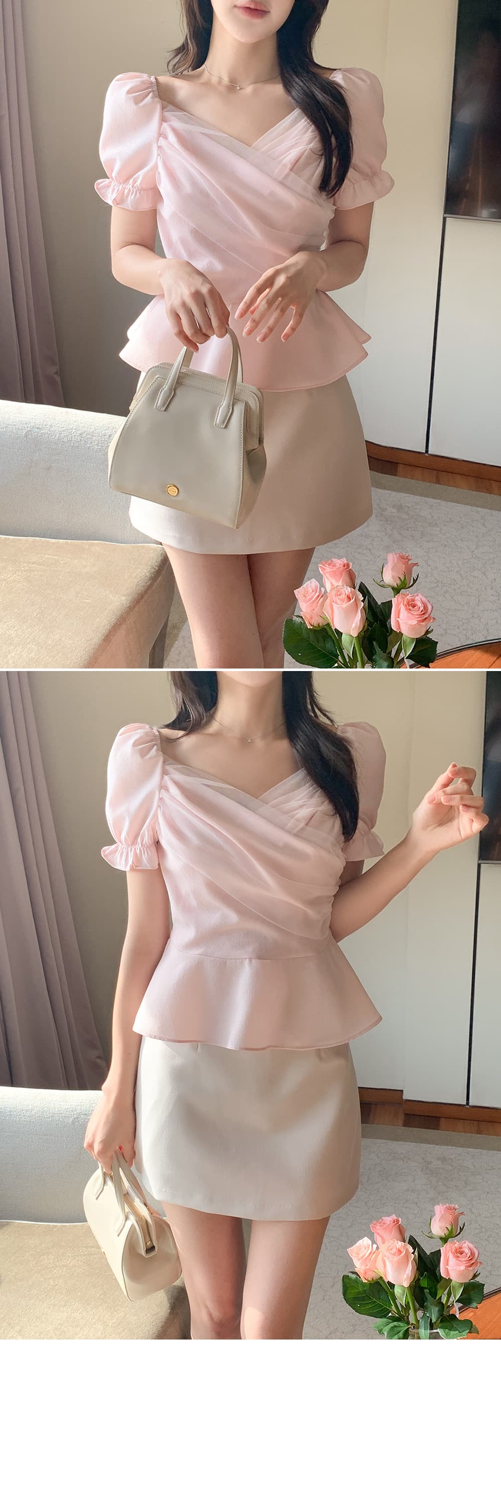 크기 있음 업데이트 한국 chic 프랑스식 망사 패치워크 오프숄더 십자가 프릴 거품 소매 맨위 상세 이미지 17