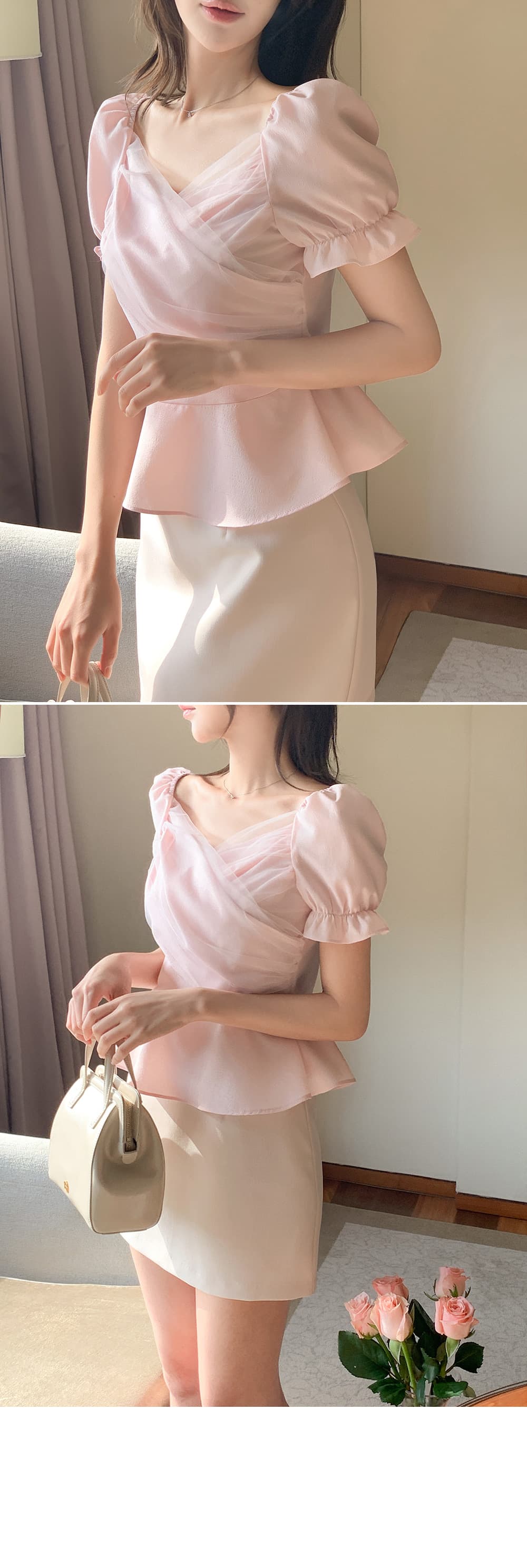 크기 있음 업데이트 한국 chic 프랑스식 망사 패치워크 오프숄더 십자가 프릴 거품 소매 맨위 상세 이미지 20
