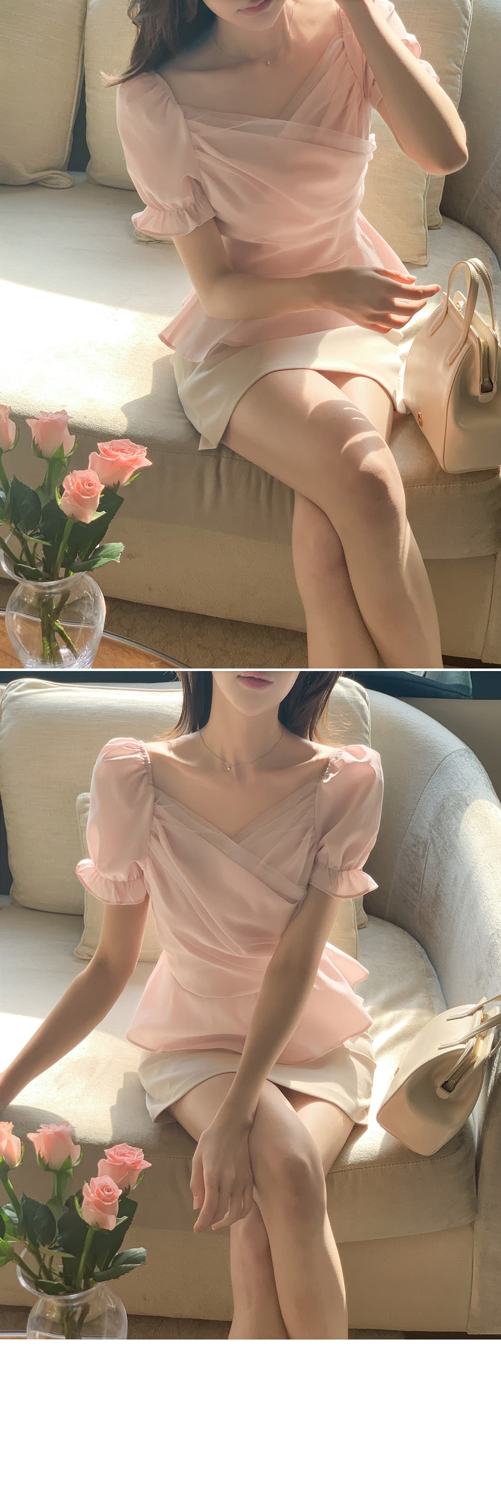 크기 있음 업데이트 한국 chic 프랑스식 망사 패치워크 오프숄더 십자가 프릴 거품 소매 맨위 상세 이미지 22